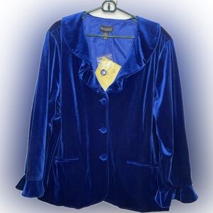 Dialogue Cobalt Blue Velvet Blazer with Ruffle Collar
